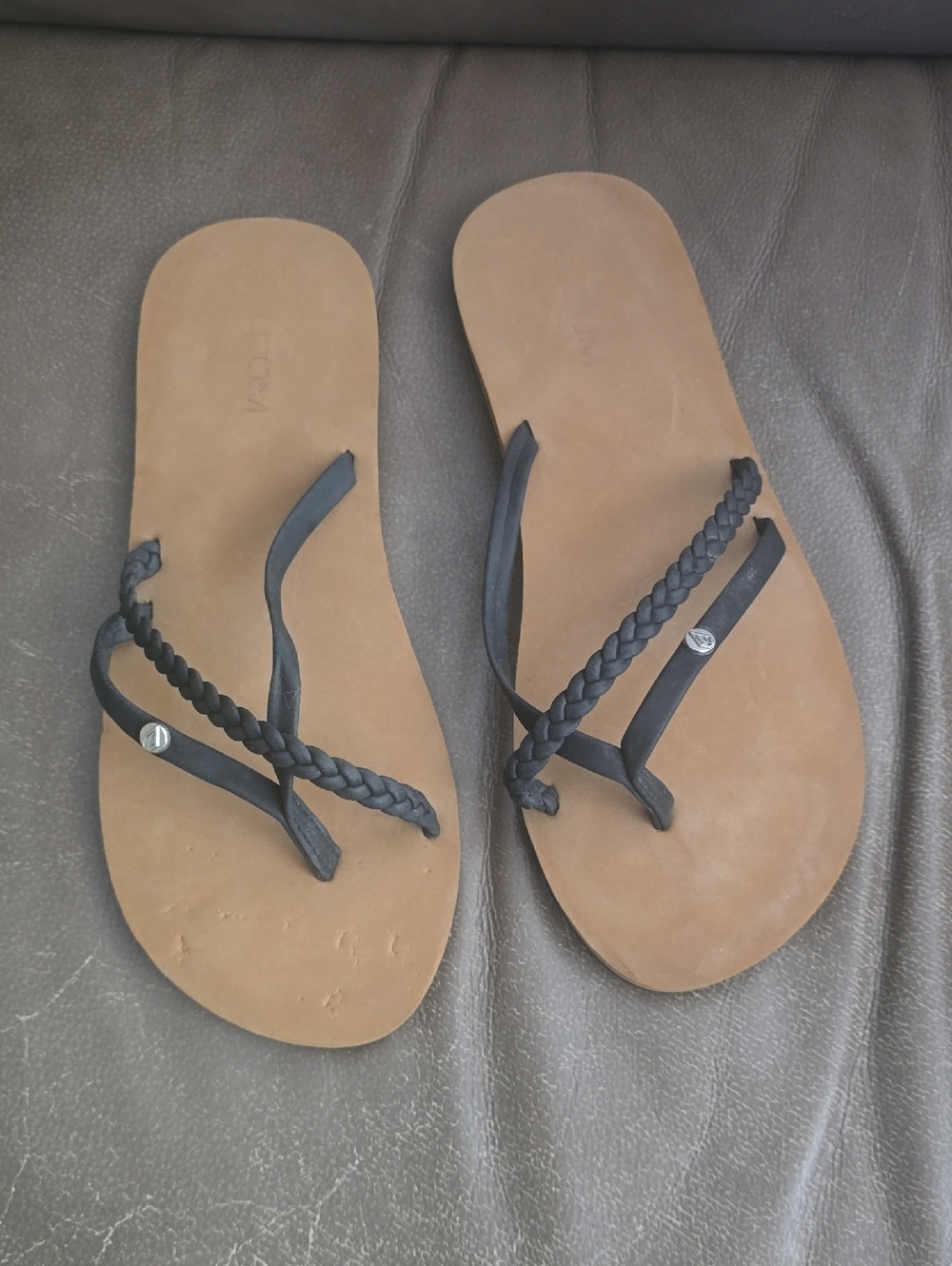 Volcom Black Braided Strap Sandals with Tan Footbed
